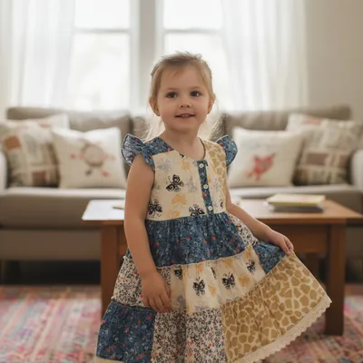 Multi-Print Cotton Frock – Butterfly & Floral Patchwork Design