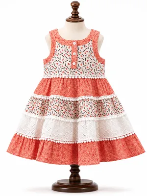 Coral & White Tiered Cotton Frock