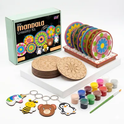 EARLY BOUNCE Mandala Tea Coaster kit with keychains for Kids & Adults | DIY Art & Craft Kit with 6 Wooden Coasters, Colors, Brush & Stand | Gift for Girls and Boys (Age 4+)