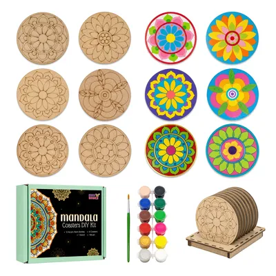 EARLY BOUNCE Mandala Tea Coaster Painting Kit for Kids & Adults | DIY Art & Craft Kit with 6 Wooden Coasters, Colors, Brush & Stand | Gift for Girls and Boys (Age 4+)