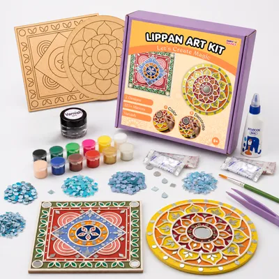 EARLY BOUNCE DIY Lippan Art Kit for Kids & Adults | 2 Pre-Marked 8 Inch MDF Boards, 12 Acrylic Colors, Mirrors and More | Art and Craft Kit | Crafts & Gifts for Kids Age 8+ | Indian Folk Art