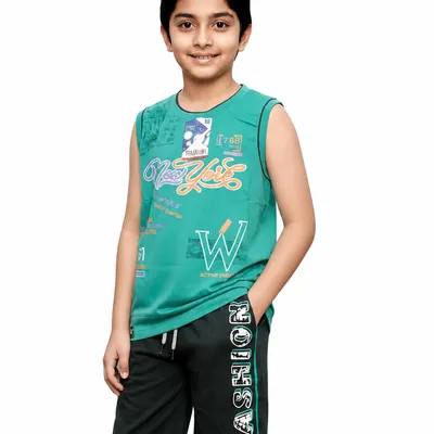 Boys Graphic Printed Sleeveless T-Shirt and Cotton Blend Shorts Clothing Set | Soft & Breathable Summer Co-Ord Outfit | Casual Sportswear Dress Set for Kids