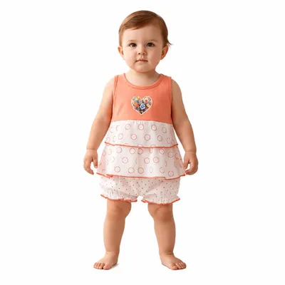 Baby Girls Sleeveless Romper Dress with Bloomers | Soft Cotton Blend Layered Frill Frock Style Onesie for Infants & Toddlers | Casual Wear Summer Outfit with Heart Patch Design