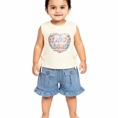 Baby Girls Sleeveless Graphic Top & Ruffle Pocket Shorts Co-Ord Set | Soft Cotton Blend Casual Outfit for Toddlers & Kids