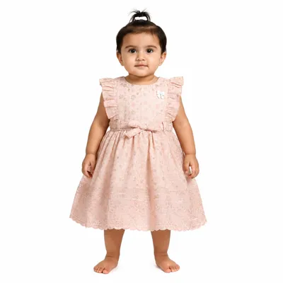 Baby Girls Floral Embroidered Dress with Ruffle Sleeves & Bow Detail | Elegant Knee-Length Frock for Birthday, Wedding, Festive & Special Occasions