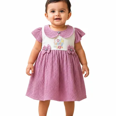 Baby Girls A-Line Dress with Peter Pan Collar & Bow Detail | Soft Textured Casual Frock for Infants and Toddlers