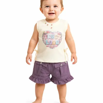Baby Girls Sleeveless Graphic Top & Ruffle Pocket Shorts Co-Ord Set | Soft Cotton Blend Casual Outfit for Toddlers & Kids