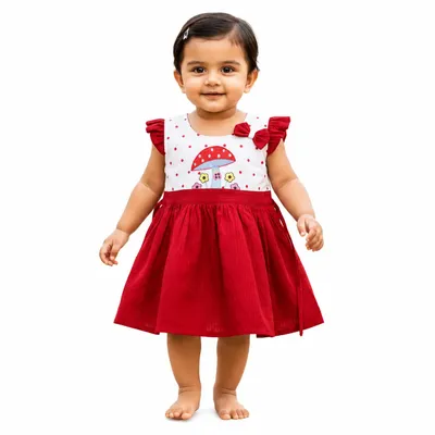 Baby Girls Cotton Embroidered A-Line Dress with Polka Dot Print, Flutter Sleeves, Soft Comfortable Casual Wear Dress for Toddlers Casual Outfit