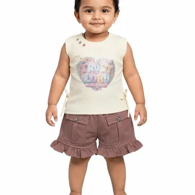 Baby Girls Sleeveless Graphic Top & Ruffle Pocket Shorts Co-Ord Set | Soft Cotton Blend Casual Outfit for Toddlers & Kids
