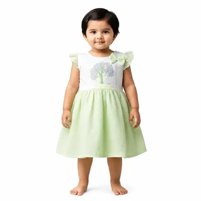 Baby Girls Pink Party Dress with Tree Print, Ruffle Sleeves & Bow Detail