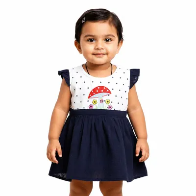 Baby Girls Cotton Embroidered A-Line Dress with Polka Dot Print, Flutter Sleeves, Soft Comfortable Casual Wear Dress for Toddlers Casual Outfit