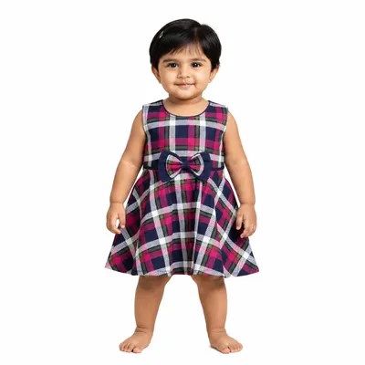 Baby Girls Checked Fit & Flare Cotton Blend Dress with Waist Bow | Sleeveless Round Neck Casual Dress for Infants & Toddlers