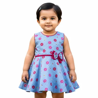 Girls Floral Printed Fit & Flare Dress for Kids Sleeveless Round Neck Casual Wear Frock with Decorative Bow Soft Comfortable Dress for Baby Girls