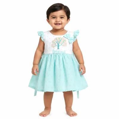 Baby Girls Pink Party Dress with Tree Print, Ruffle Sleeves & Bow Detail