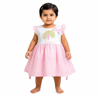 Baby Girls Pink Party Dress with Tree Print, Ruffle Sleeves & Bow Detail