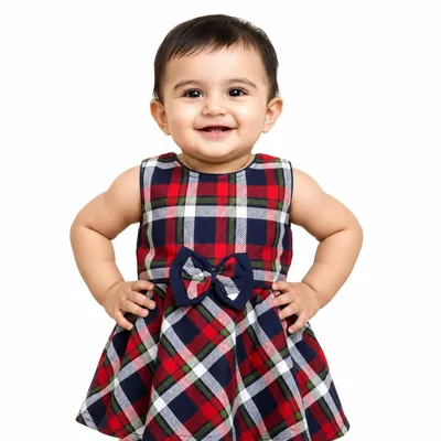 Baby Girls Checked Fit & Flare Cotton Blend Dress with Waist Bow | Sleeveless Round Neck Casual Dress for Infants & Toddlers