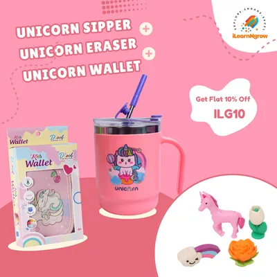 ilearnngrow Unicorn Sipper + Unicorn Eraser + Unicorn Wallet