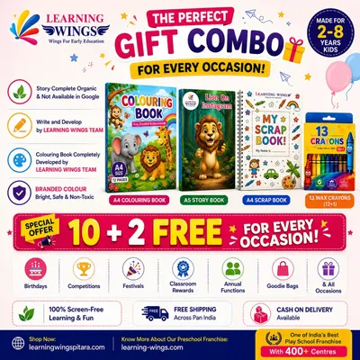 Creative Learning Gift Combo for Kids | Colouring Book + Story Book + Scrap Book + 13 Crayons | Best Return Gift 2–8 Yrs