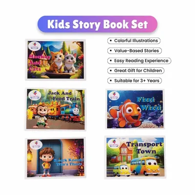 Kids Story Books Set of 5 for Ages 2-4 Years | Fizzi Wizzi, Knock Knock! Who's There?, Jack and Food Train, Monkey and Cats & Transport Town | Picture Books