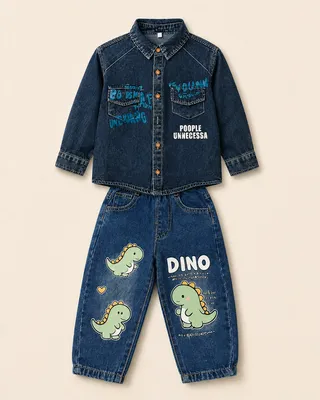 Blue Washed Denim Printed Shirt & Blue Jeans Set - 2 Piece