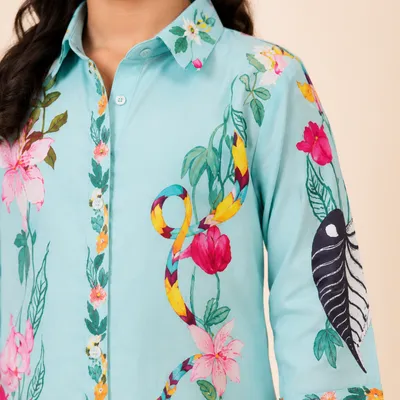 Aqua Blue Floral Printed Shirt Collar Co-Ords Set