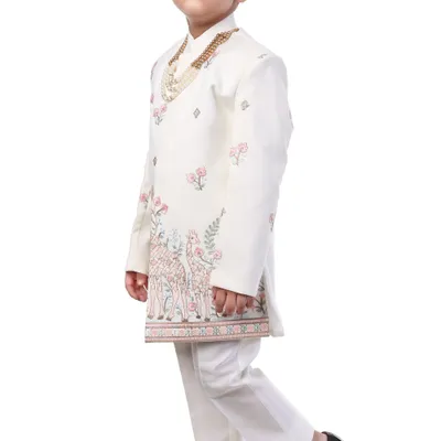 Boys Cream Giraffe Print Sherwani Party Set 3 Piece