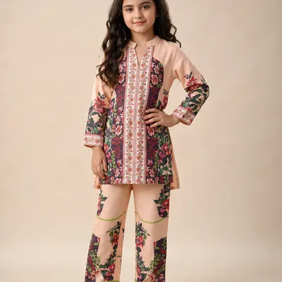 Peach Turkish Print Kurta Collar Co-Ords Set