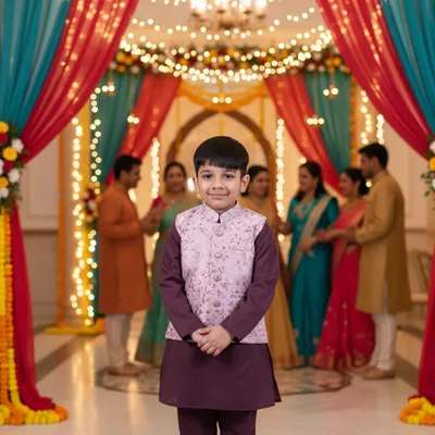 Boys Peach Embroidered Kurta Koty Nehru Set 3 Piece