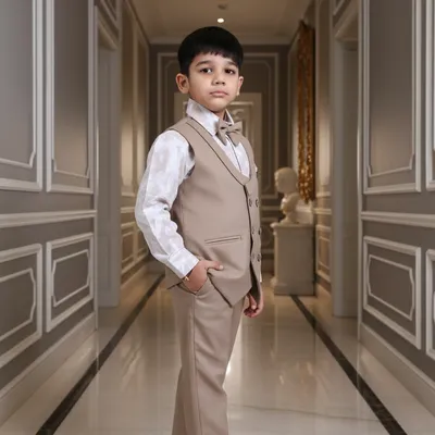 Boys Camel Embroidered Waistcoat Suit Set 4 Piece