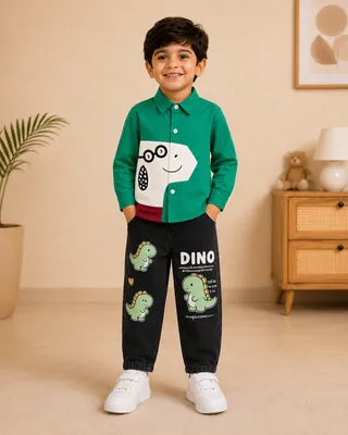 Green & Black Graphic Printed Shirt & Jeans Set - 2 Piece