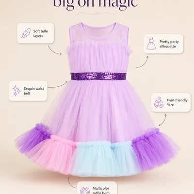 Girls Lavender Tulle Color Block Birthday Party Frock