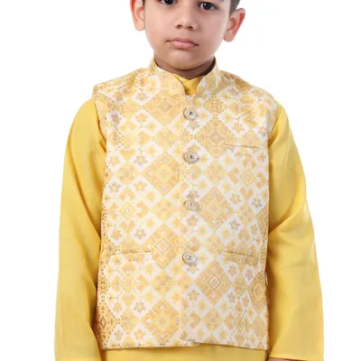 Boys Yellow Printed Kurta Koty Nehru Jacket 3 Piece