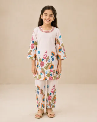 Light Pink Floral Printed Straight Round Neck Co-ord Set