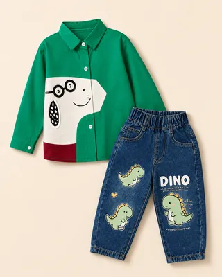 Green Graphic Printed Shirt & Blue Jeans Set - 2 Piece