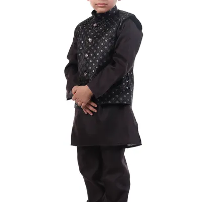 Boys Black Jacquard Kurta Koty Nehru Jacket 3 Piece