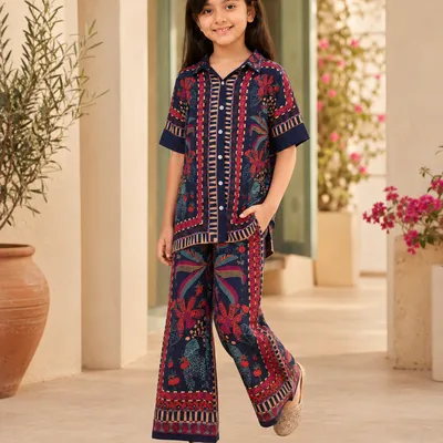 Navy Blue Printed Shirt Collar Co-Ords Set