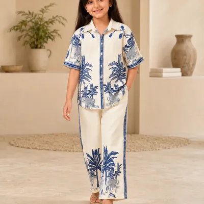 Cream & Blue Printed Shirt Collar Co-Ords Set