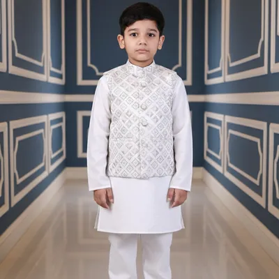 Boys Ivory Embroidered Kurta Koty Nehru Set 3 Piece