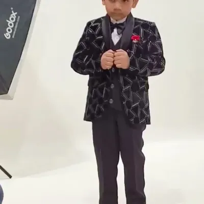 Boys Black Velvet Embroidered Tuxedo Suit 5 Piece
