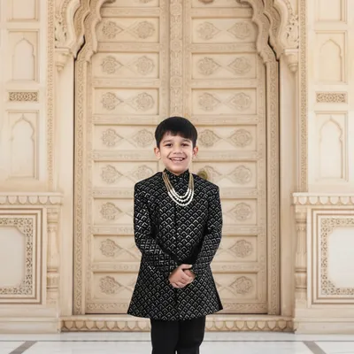 Boys Black Velvet Embroidered Sherwani Party 2 Piece