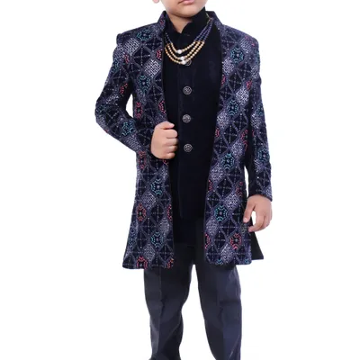 Boys Navy Blue Velvet Sherwani Party Wedding 2 Piece