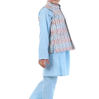 Boys Blue Chevron Kurta Koty Nehru Jacket 3 Piece