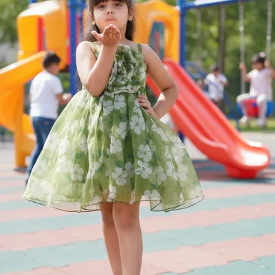 Girls Green Organza Floral Print Party Frock Dress