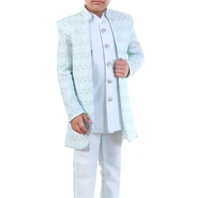 Boys Pista Green Embroidered Sherwani Set 3 Piece