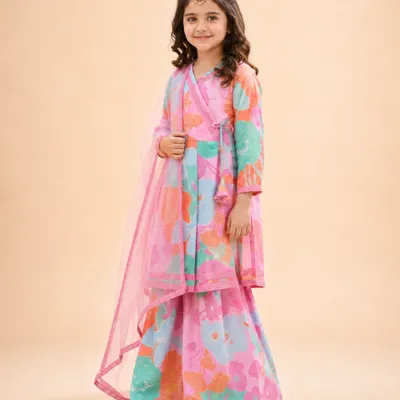 Girls Pink Floral Printed Kurta Sharara Set With Dupatta