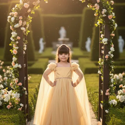 Girls Golden Net Full Length Rosette Party Gown