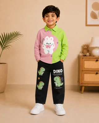 Pink & Green Printed Shirt & Black Jeans Set - 2 Piece