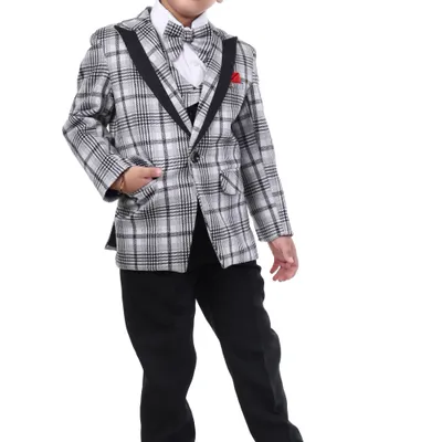 Boys White Check Tuxedo Party Suit Birthday 5 Piece