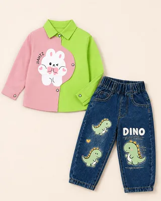Pink & Green Printed Shirt & Blue Jeans Set - 2 Piece