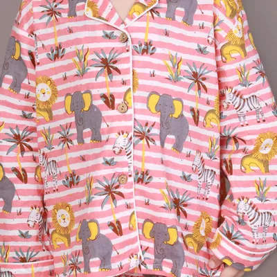 Kids Cotton Nightsuit – Red & White Jungle Stripe Shirt & Pyjama Co-ord Set for Boys & Girls